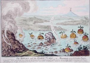 The Apples and the Horse-Turds, eller Buonaparte Among the Golden Pippins, udgivet af Hannah Humphrey i 1800 (håndfarvet radering) af James Gillray