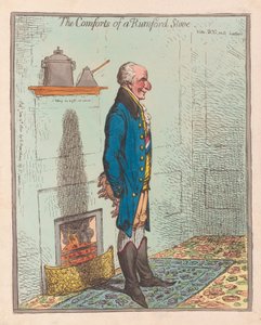 The Comforts of a Rumford Stove, pub 1800 (håndfarvet gravering) af James Gillray