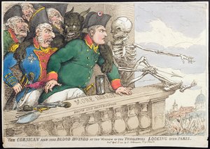 The Corsican and his Blood Hounds at the Window of the Tuileries, Looking over Paris, udgivet af Hannah Humphrey i 1815 (håndfarvet radering)