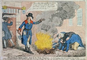 The Crown und Anchor Libel brændt af den offentlige bøddel, udgivet af Hannah Humphrey i 1795 (håndfarvet radering)