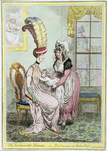 The Fashionable Mamma, eller The Convenience of Modern Dress, udgivet i 1796 (farvet indgravering) af James Gillray