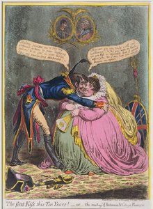 The First Kiss in Ten Years! or The Meeting of Britannia und Citizen Francois, udgivet af Hannah Humphrey i 1803 (håndkoloreret radering med akvatint)