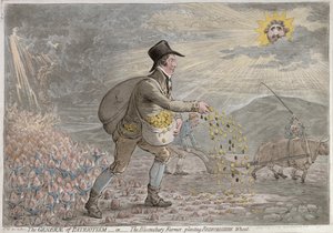 The Generae of Patriotism, eller The Bloomsbury Farmer planting Bedfordshire Wheat, udgivet af Hannah Humphrey i 1796 (håndfarvet radering)