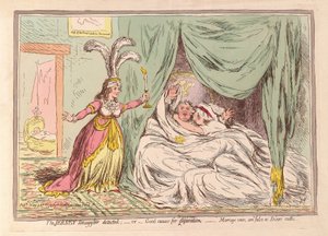 The Jersey Smuggler opdaget, eller god grund til separation, ægteskabsløfter er falske som Dicers eder, pub. 1796 (håndfarvet gravering) af James Gillray
