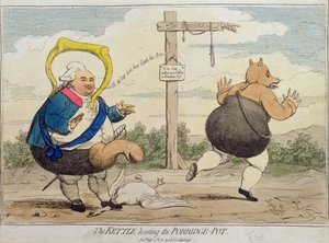 The Kettle Hooting the Porridge-Pot, udgivet af P.J. Leatherhead i 1782 (håndfarvet radering)