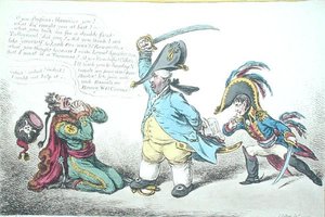 The Magnanimous Minister Chastising Preussian Perfidy, udgivet af Hannah Humphrey i 1806 (håndfarvet radering) af James Gillray