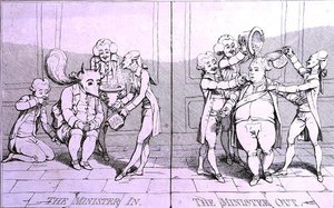The Minister In - The Minister Out, udgivet af William Humphrey i 1782 (radering) af James Gillray