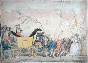 The Pacific Entrance of Earl-Wolf into Blackhaven, udgivet af Hannah Humphrey i 1792 (håndfarvet radering) af James Gillray