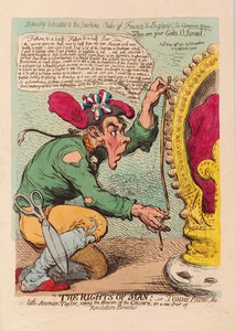 The Rights of Man, eller Tomm Paine, den lille amerikaner Taylor, der tager højde for kronen for et nyt par revolutions-ridebukser, pub. 1791 (håndfarvet gravering)