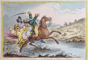 The Sound of the Horn, or The Danger of Riding an Old Hunter, udgivet af Hannah Humphrey i 1807 (håndfarvet radering)