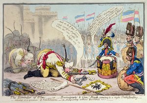 The Surrender of Ulm, eller Buonaparte og General Mack kommer til en ret forståelse, udgivet af Hannah Humphrey i 1805 (håndfarvet radering)