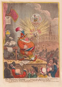 Theatrical Bubble: at være et nyt eksemplar af den store Politico-Punchinellos forbløffende kræfter i kunsten at dramatisk pust, pub. 1805 (håndfarvet gravering)