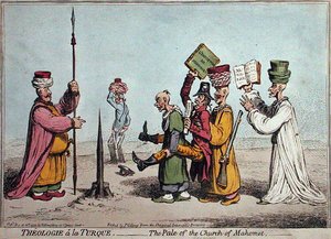 Theologie a la Turque, The Pale of the Church Mahomet, udgivet af Hannah Humphrey i 1799 (håndfarvet radering) af James Gillray