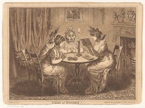 Kvinde læser en gyserroman Fortællinger om vidunder! (titel på objekt) af James Gillray