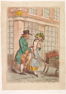 Kvinde med en trillebør med rødder foran butiksvinduet hos boghandler Robert Faulder i London Sandwich gulerødder! lækre sandwich gulerødder (titel på objekt) af James Gillray