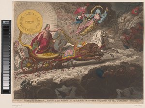 William Pitt verdrijft de duistere krachten, 1795 Lys, der fordriver mørke, - fordampning af Stygian-udåndinger,-eller- Forfatningens sol, der stiger over oppositionens skyer (titel på objekt) af James Gillray