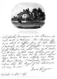 Et brev fra pastor James Granger og en udsigt over hans bolig i Shiplake, 1769, 1840 af James Granger