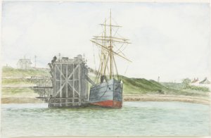 Albert Edward Docks. S.S. Willkarnman (akvarel, kropsfarve og blyant på papir)