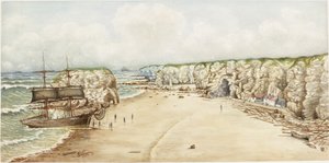 Brig på grund ved Marsden Rock (akvarel, kropsfarve og blyant på papir på kort)) af James Henry Cleet