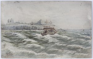 Stranding af Beloy of Littlehampton og tab af redningsbådsbesætningen på Tyne (akvarel, bodycolour og udkradsning på papir) af James Henry Cleet