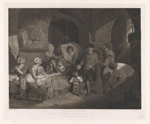 John Howard besøger en familie i fængslet John Howard Esq Visiting and Relieving the Miserie of a Prison (titel på objekt) af James Hogg