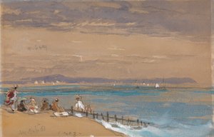 Strandscene med figurer ved en bølgebryder af James Holland