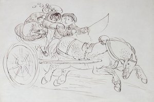 Par i en vogn trukket af en hest (sepia blæk på papir)