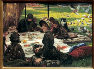Morgenmad på græsset Familie picnic scene. Maleri af Jacques Joseph (Jacques-Joseph) Tissot dit James Tissot (1836-1902) af James Jacques Joseph Tissot