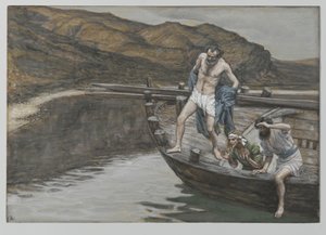 Sankt Peter advaret af Sankt Johannes om Herrens nærvær kaster sig selv i vandet, illustration fra Vor Herre Jesu Kristi liv, 1886-94 (wc over grafit på papir)