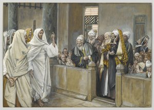 Ypperstepræsterne spørger Jesus med hvilken ret han handler på denne måde, illustration fra Vor Herre Jesu Kristi liv, 1886-94 (wc over grafit på papir) af James Jacques Joseph Tissot