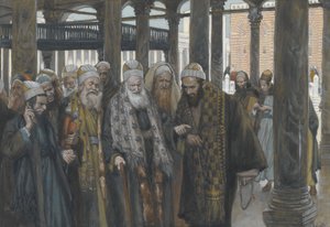 Ypperstepræsterne tager råd sammen, illustration fra Vor Herre Jesu Kristi liv, 1886-94 (wc over grafit på papir) af James Jacques Joseph Tissot