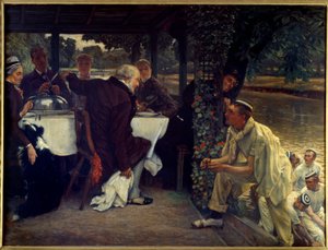 Den fortabte søns tilbagevenden: den fede kalv Moderne tilpasning af lignelsen om det fortabte barn, der vender tilbage til sin angrende far. Maleri af Jacques Joseph (Jacques-Joseph) Tissot dit James Tissot (1836-1902) 1880 Søn. 1x1,3 m Nantes, musee des  af James Jacques Joseph Tissot