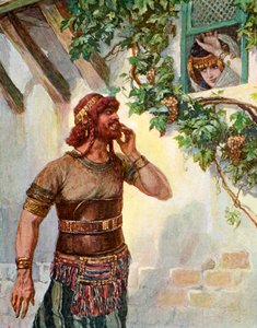 Samson ser Delila ved sit vindue - Bibelen af James Jacques Joseph after Tissot