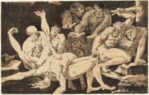 Nøgne mandlige figurer, der bærer ligene af deres døde ledsagere af James Jefferys