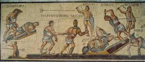 En romersk mosaik, der viser gladiatorer, som kæmper med forskellige våben. Galleria Borghese...