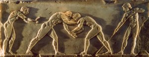 Antikke græske atleter afbildet på et basrelief fra det 6. århundrede f.Kr. Nationalarkæol... af James L Stanfield