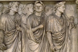 Ara Pacis Augustae, et fritstående alter med en gruppe enker, magistrater, præster... af James L Stanfield