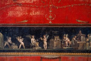 Fresko fundet i Pompeji viser guldsmede-kirsebær i arbejde. Pompeji, Italien.