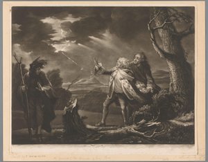 David Garrick som kong Lear med jarlen af ​​Kent og Edgar forklædt som Tom i et stormfuldt landskab af James McArdell