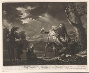 David Garrick som kong Lear med jarlen af ​​Kent og Edgar forklædt som Tom i et stormfuldt landskab Hr. Garrick i King Lears karakter (titel på objekt)