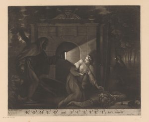 Julie knæler ved Romeos krop og ser på en munk med en lanterne Romeo og Julie, Akt V. Scene IV. (titel på objekt) af James McArdell