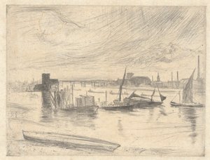Battersea Dawn (Cadogan Pier), fra Thames Set (En serie af seksten ætsninger af scener på Themsen og andre emner) af James Abbott McNeill Whistler