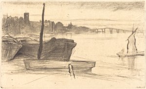 Chelsea Bridge og kirke af James Abbott McNeill Whistler