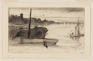 Chelsea Bridge og kirke af James Abbott McNeill Whistler