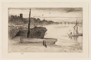 Chelsea Bridge og kirke af James Abbott McNeill Whistler