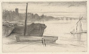 Chelsea Bridge og kirken, fra »Thames Set« (en serie på seksten raderinger af motiver fra Themsen og andre emner) af James McNeill Whistler