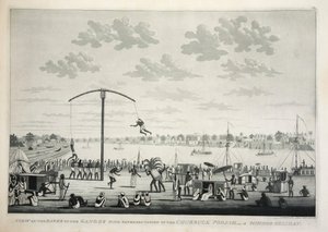 Udsigt på Banks of the Ganges med repræsentation af Churruck Poojah …, pub. 1810 gravering. af James Moffat