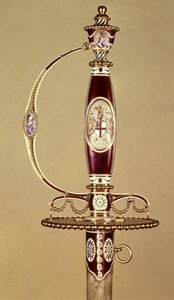 Skæftet af et sværd overrakt til oberst James Hartley (1745-99) af East India Company, sat af James Morisset (c.1766-c.1800) c.1780 (guld og emalje) af James Morisset