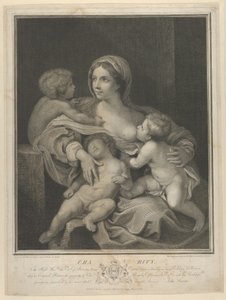 Charity sad og ammede et spædbarn, en anden sov på hendes skød og en tredje talte med hende, ..., 1793. af James Parker
