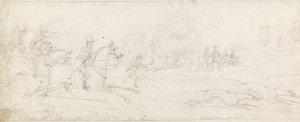 Coursing, en gruppe ryttere galopperende fra venstre efter et par greyhounds (grafit på papir) af James Pollard